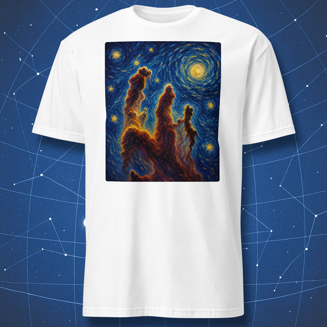 White t-shirt featuring a colorful Pillars of Creation nebula print with swirling cosmic brushstroke style.