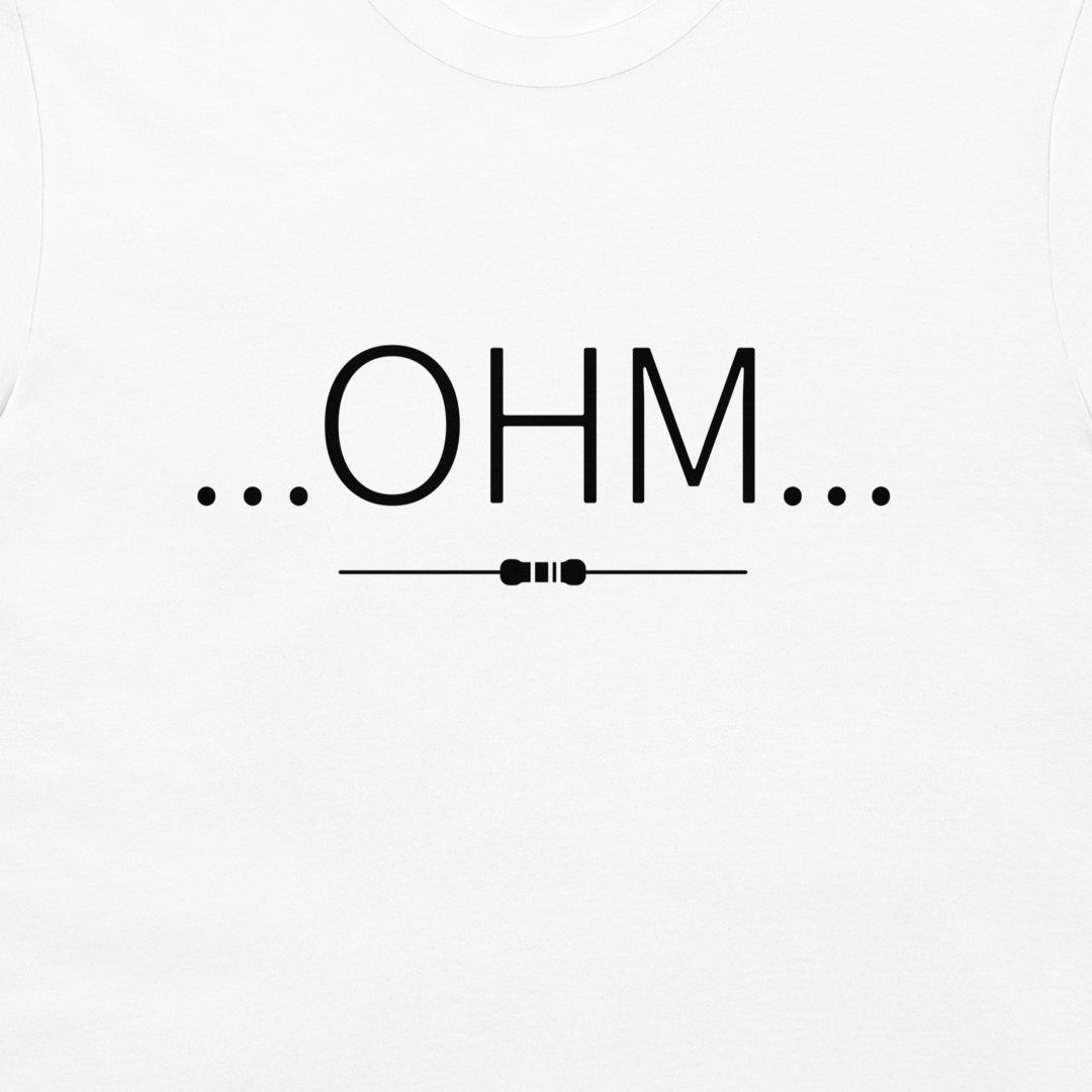 White crewneck t-shirt featuring a black printed graphic of the text '...OHM...' with a small resistor symbol underneath.