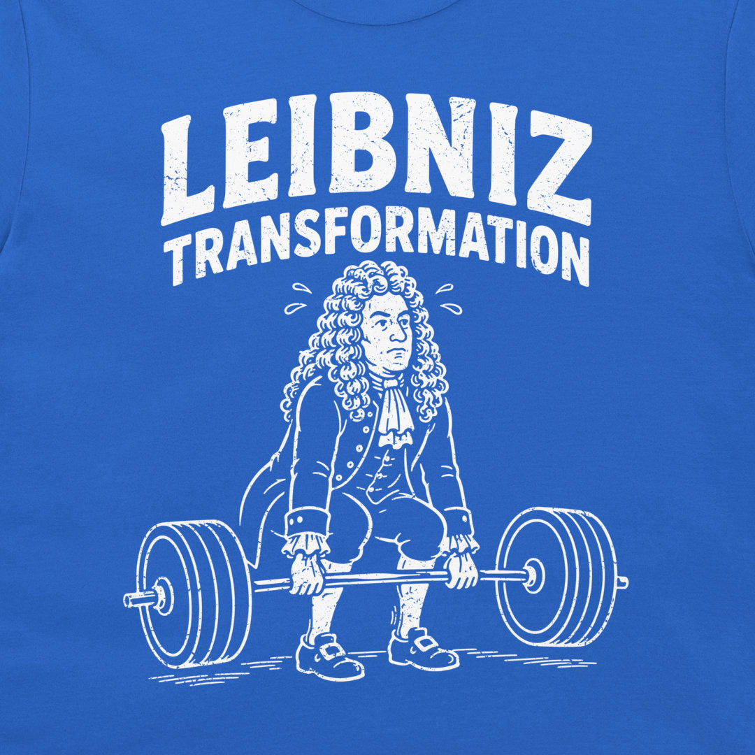 A close-up of a royal blue t-shirt featuring a white graphic print of a caricature of Gottfried Wilhelm Leibniz lifting a barbell, with the text 'LEIBNIZ TRANSFORMATION' above him.