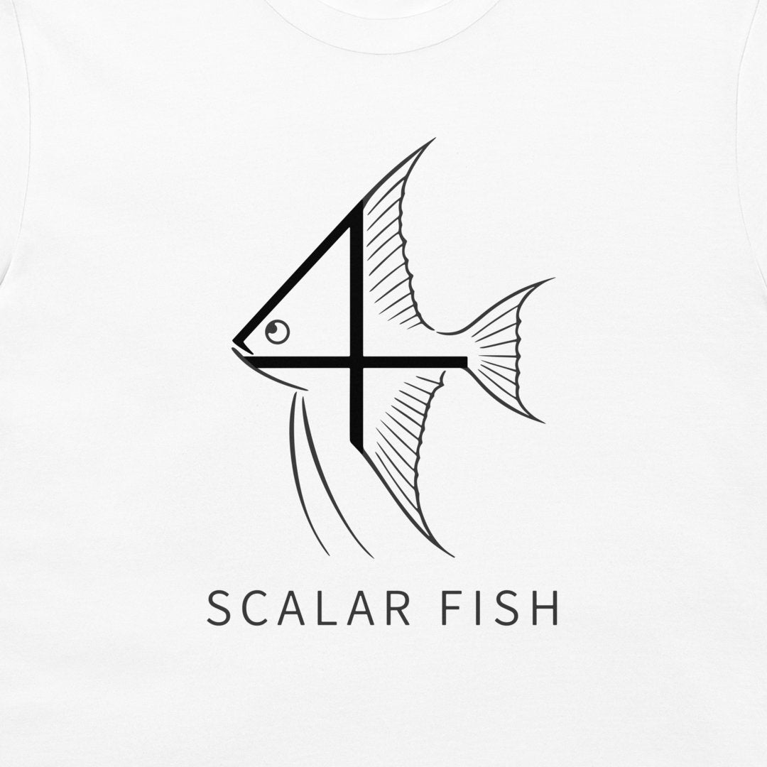 A close-up of a white t-shirt, featuring a white graphic of a stylized fish with a number 4 intersecting its body, and the text 'SCALAR FISH' printed below in black.