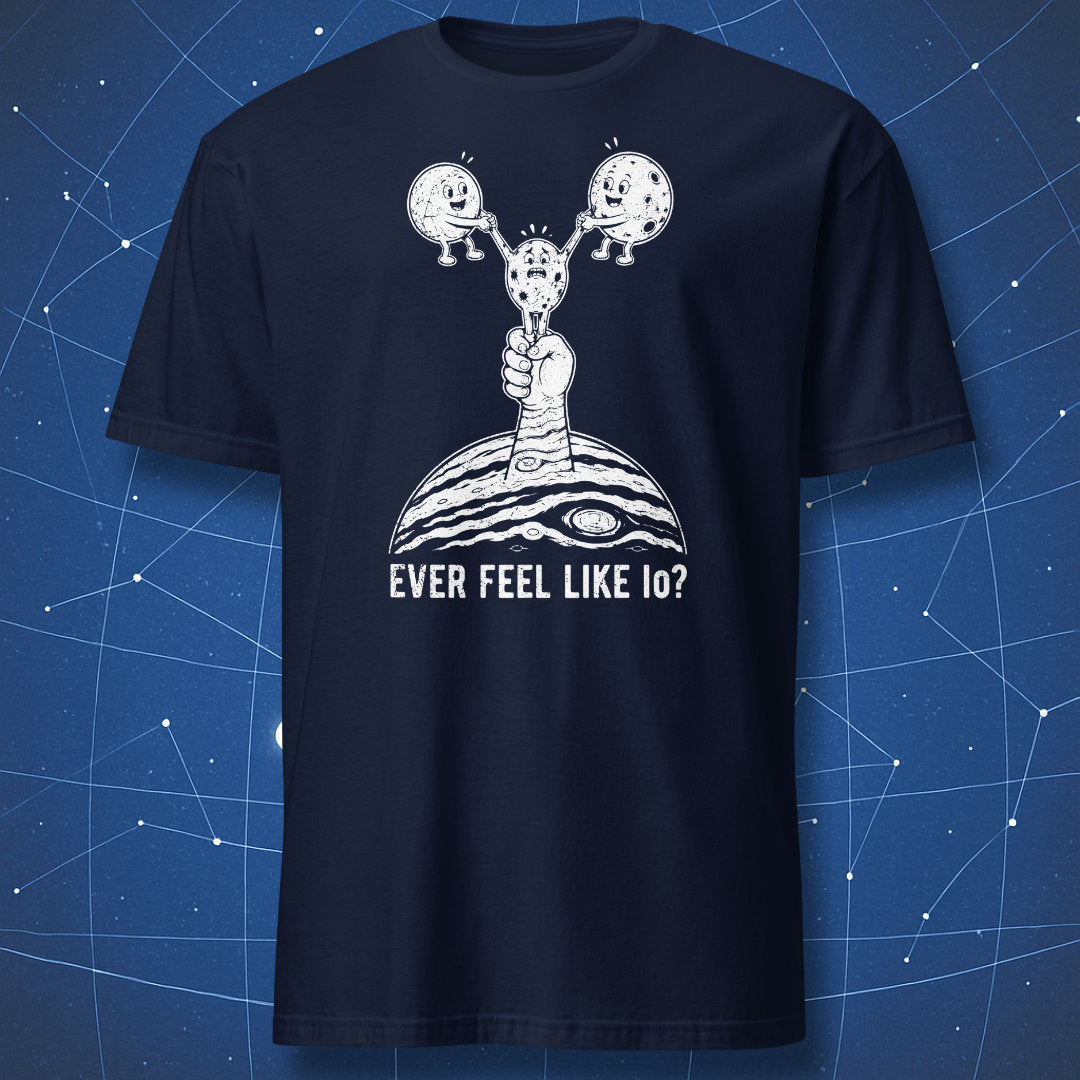Navy blue T-shirt with cartoon Jupiter, Io, Europa and Ganymede astronomy design and text Ever Feel Like Io?