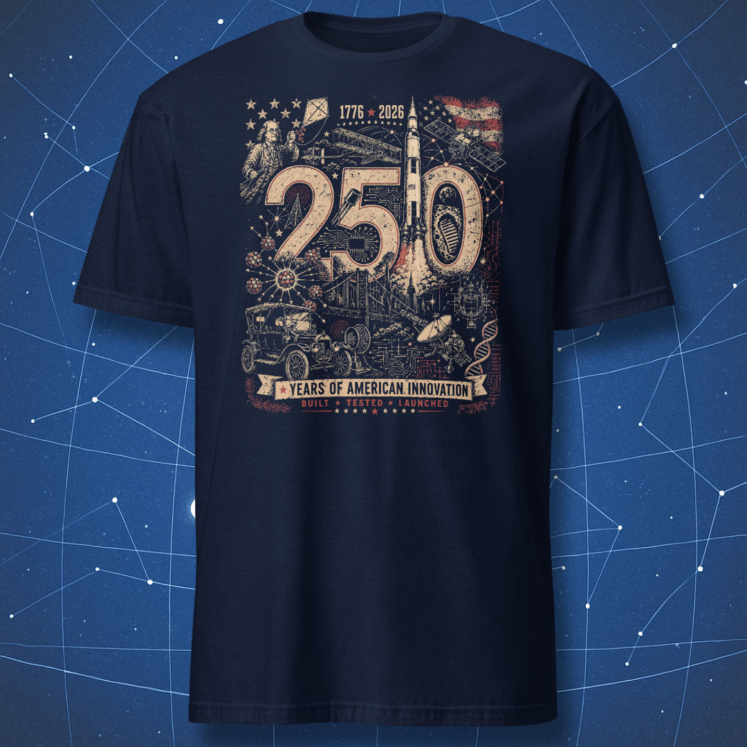 Vintage 250 years of American innovation t-shirt featuring Apollo rocket, Moon bootprint, Benjamin Franklin kite experiment, satellites, and retro technology collage on navy shirt.