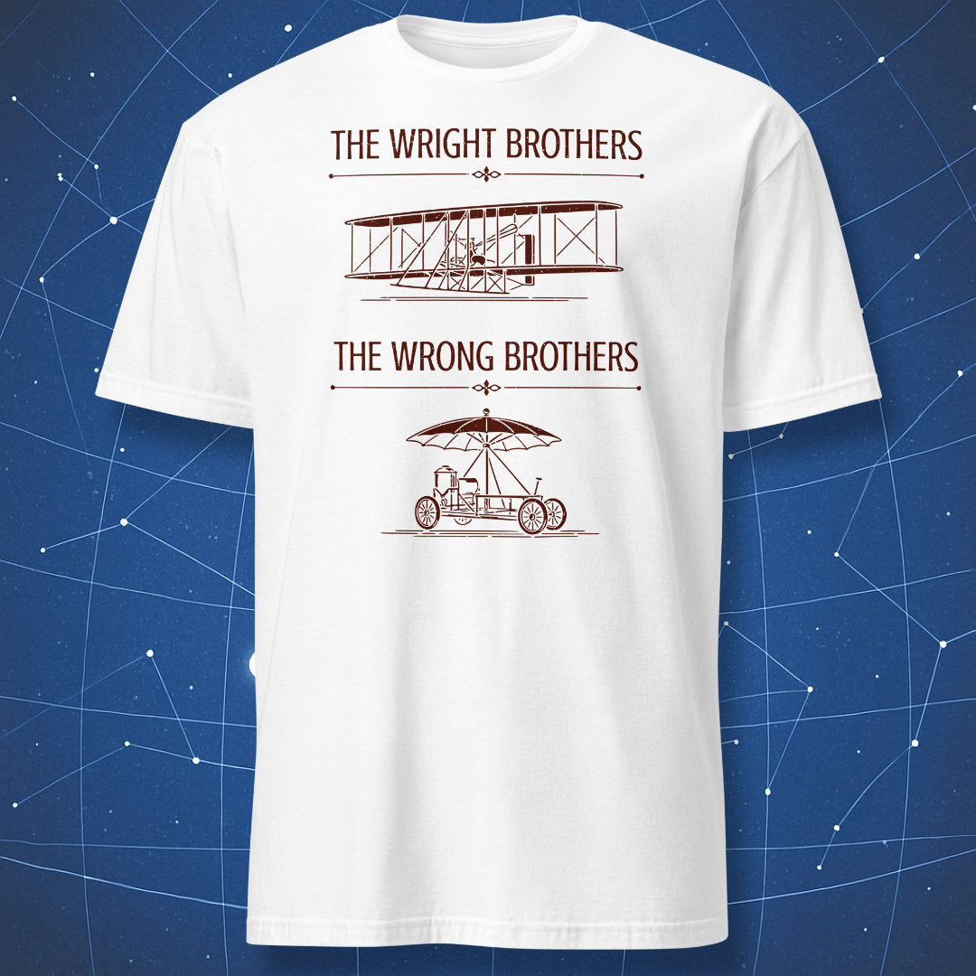 White t-shirt featuring a brown vintage aviation parody illustration of the Wright Brothers and the Wrong Brothers experimental machine.