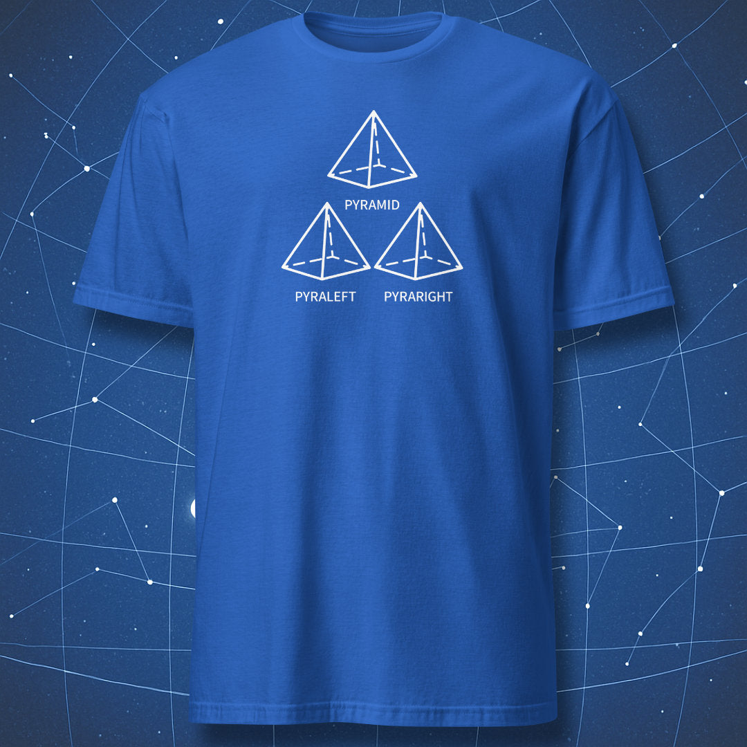 Funny math pyramid pun t-shirt with pyraleft and pyraright diagrams on royal blue shirt.