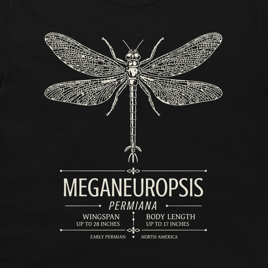 A black graphic print featuring a detailed off-white scientific illustration of a dragonfly above the text 'MEGANEUROPSIS PERMIANA' with paleontological details.