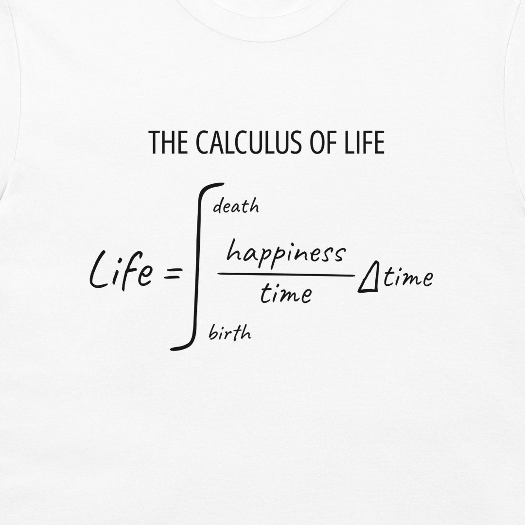 Close-up of The Calculus of Life calculus equation printed in black on a white T-shirt.