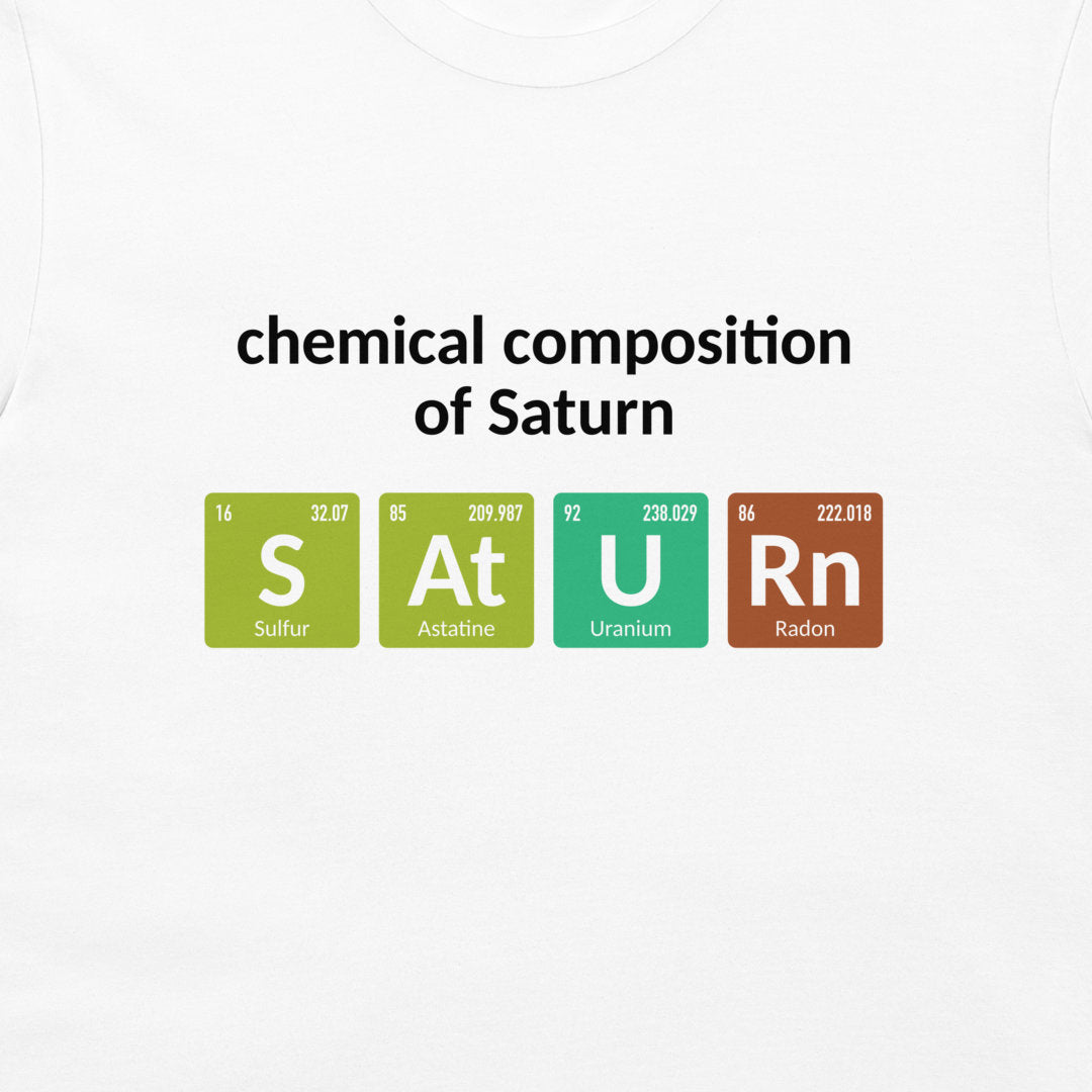 Close-up of colorful SATURN periodic table design on a white T-shirt