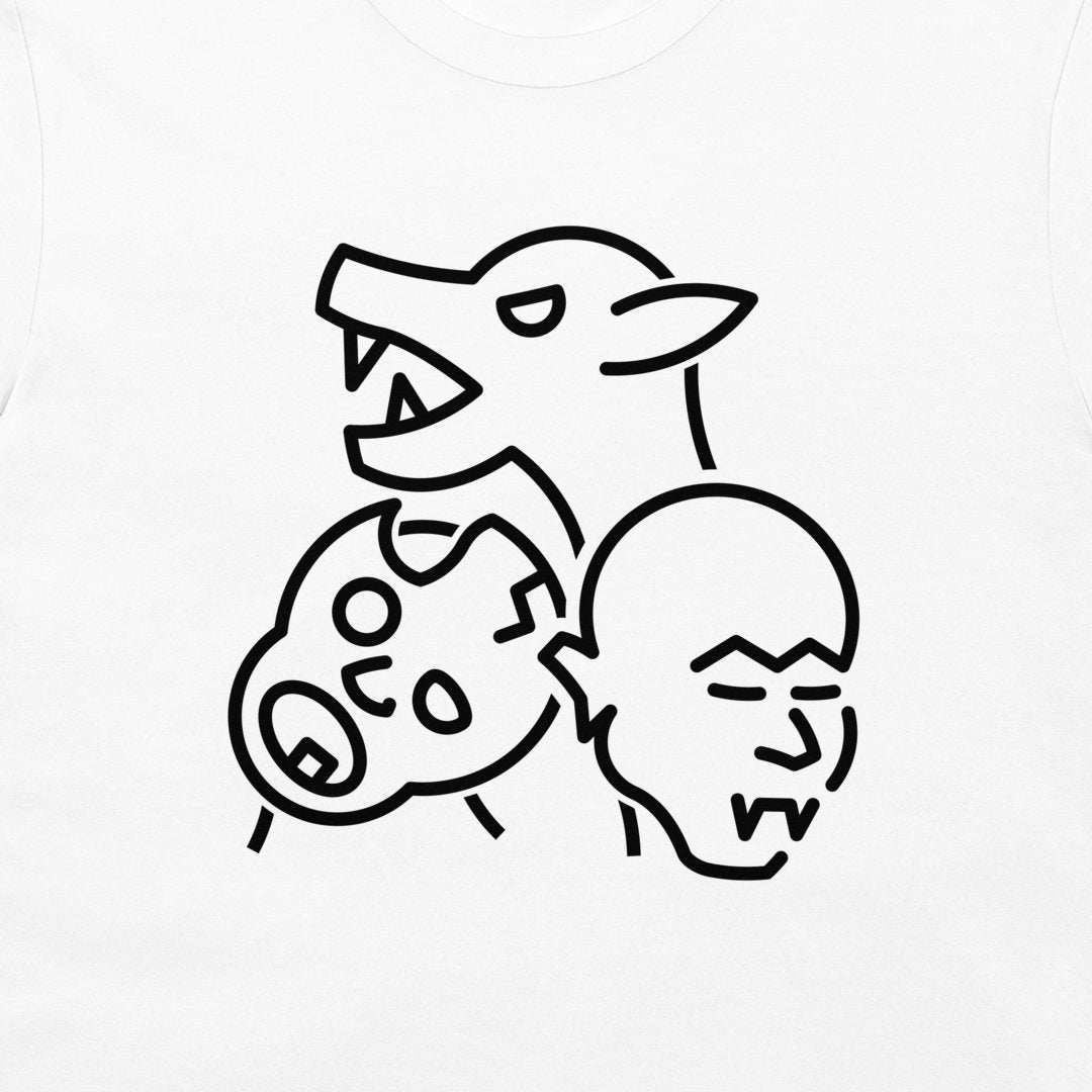 Close-up of black classic horror monster line art on a white T-shirt