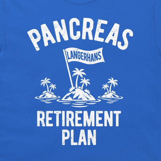 Close-up of the Pancreas Retirement Plan graphic on royal blue fabric, showing the islets of Langerhans waving a white flag
