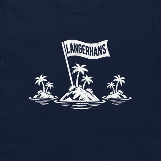 Close-up of the Islets of Langerhans biology pun design on navy fabric