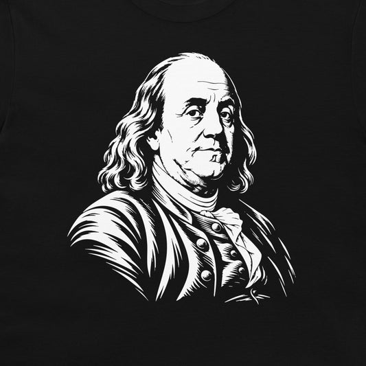 Close-up of the Benjamin Franklin portrait on a black T-shirt