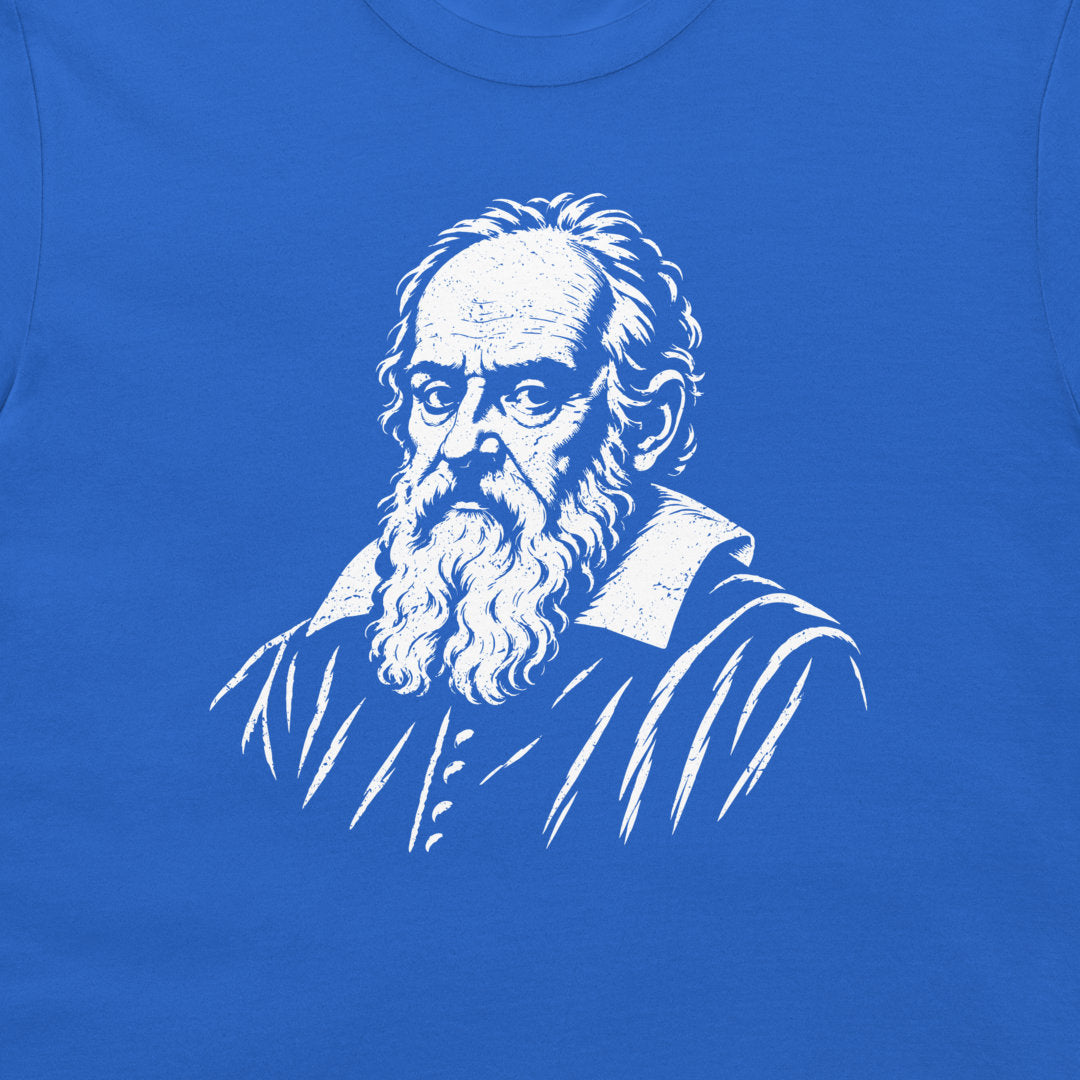 Close-up of the Galileo Galilei portrait printed in white on a royal blue T-shirt.