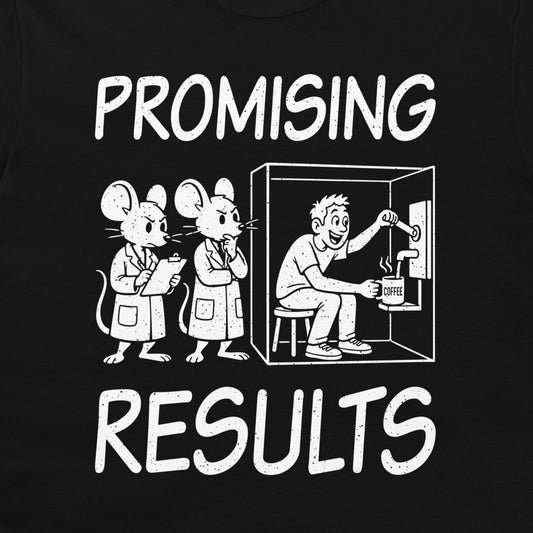 Close-up of white Promising Results artwork on black fabric, showing mouse researchers and a human using a lever for coffee.