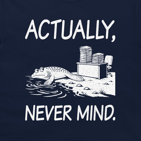 Detail of the white fish, shoreline, and paperwork-covered desk beneath Actually, Never Mind lettering on navy fabric.