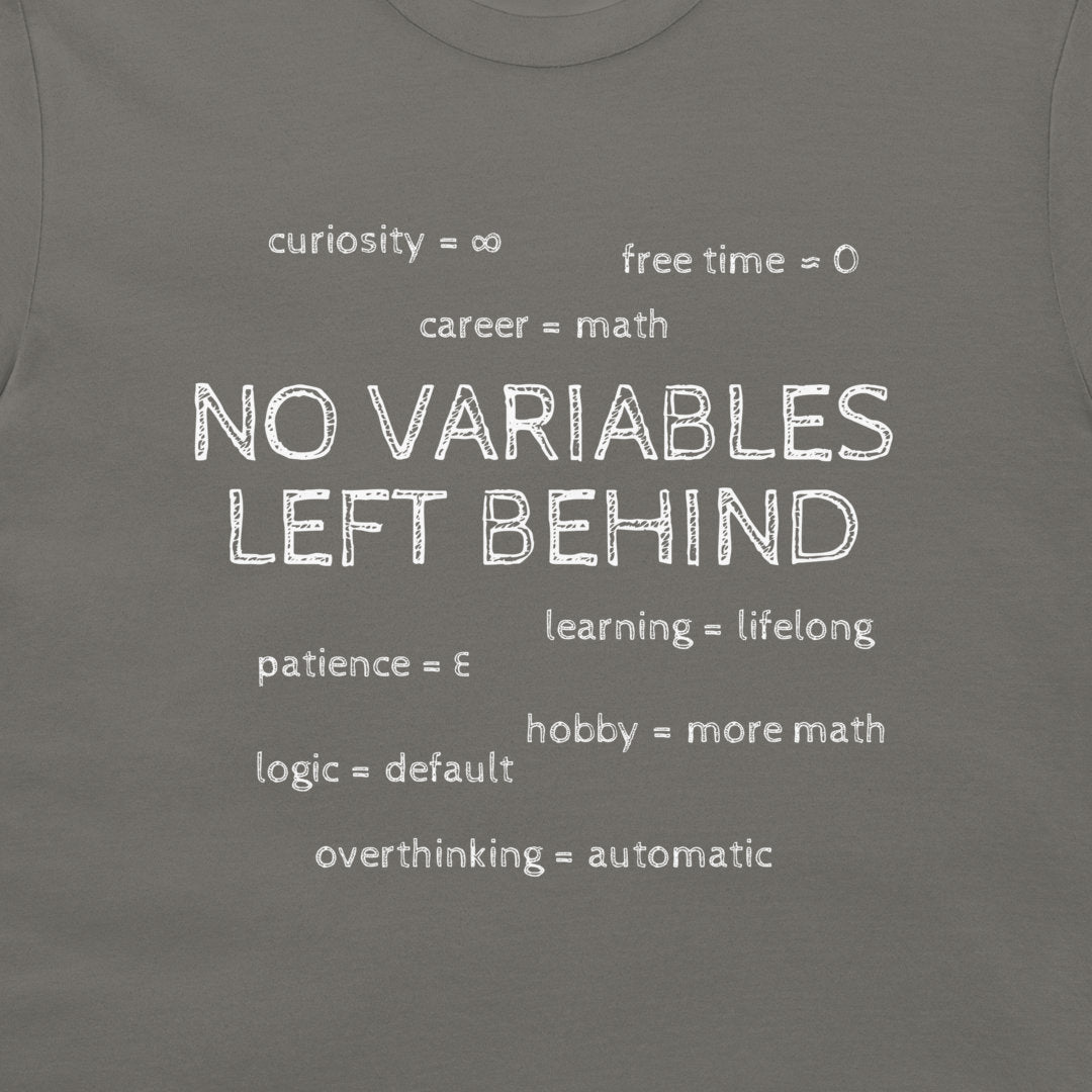 Close-up of the white No Variables Left Behind design and eight life assignments on a charcoal T-shirt.