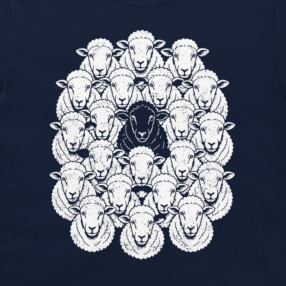 Close-up of the vintage Black Sheep illustration printed on a navy T-shirt