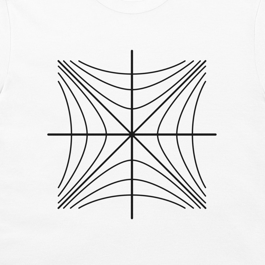 Close-up of a black Minkowski diagram with hyperbolic curves on a white T-shirt