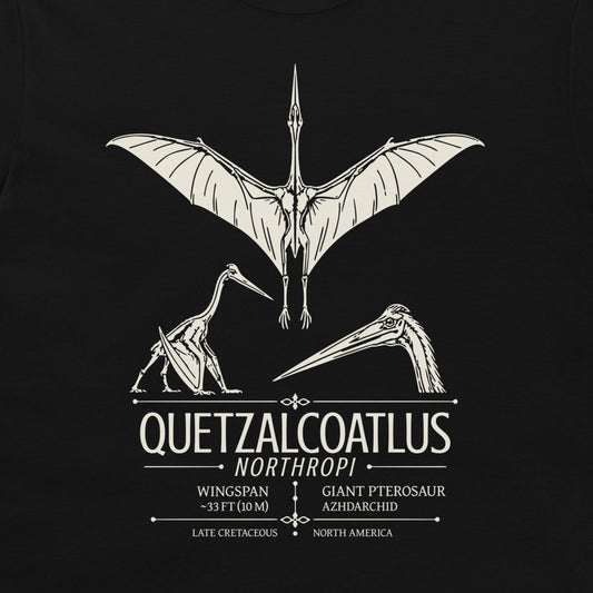 Quetzalcoatlus northropi flight, standing and head illustrations on black T-shirt