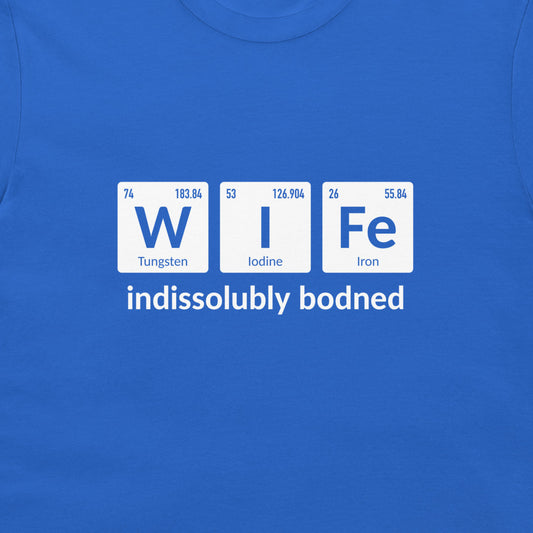 Close-up of royal blue Wife periodic table chemistry T-shirt