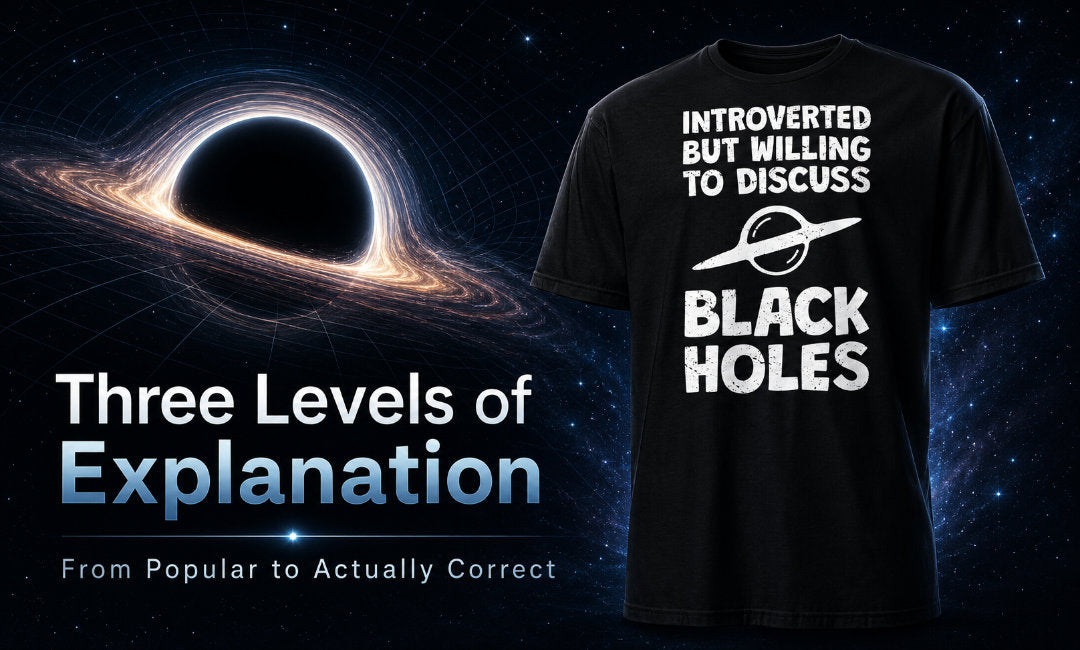 Hero image showing a glowing black hole in space beside a black T-shirt that reads “Introverted but willing to discuss black holes,” with the article title “Three Levels of Explanation” and subtitle “From Popular to Actually Correct.”