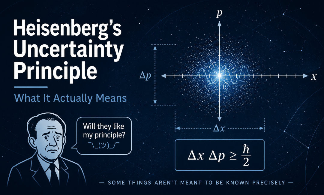 Heisenberg’s uncertainty principle illustrated with a position–momentum probability cloud, Δx Δp ≥ ħ/2 equation, and a worried Werner Heisenberg cartoon.