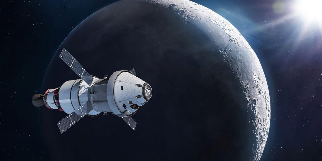 Orion spacecraft flying past the Moon during Artemis II mission