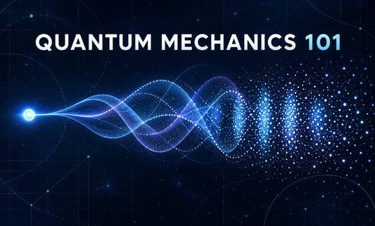 Quantum Mechanics 101 with a glowing particle transforming into waves and a cloud of probability points.