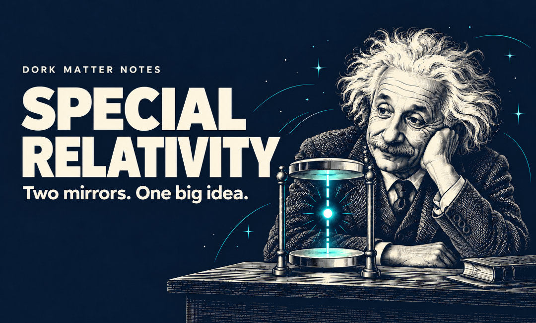 Einstein beside a glowing light clock, with the title “Special Relativity” and subtitle “Two mirrors. One big idea.”