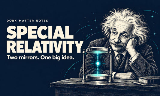 Einstein beside a glowing light clock, with the title “Special Relativity” and subtitle “Two mirrors. One big idea.”
