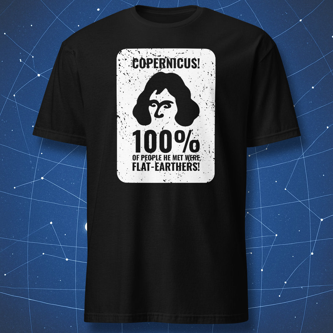 Funny astronomy shirt — minimalist Copernicus portrait with bold typography.