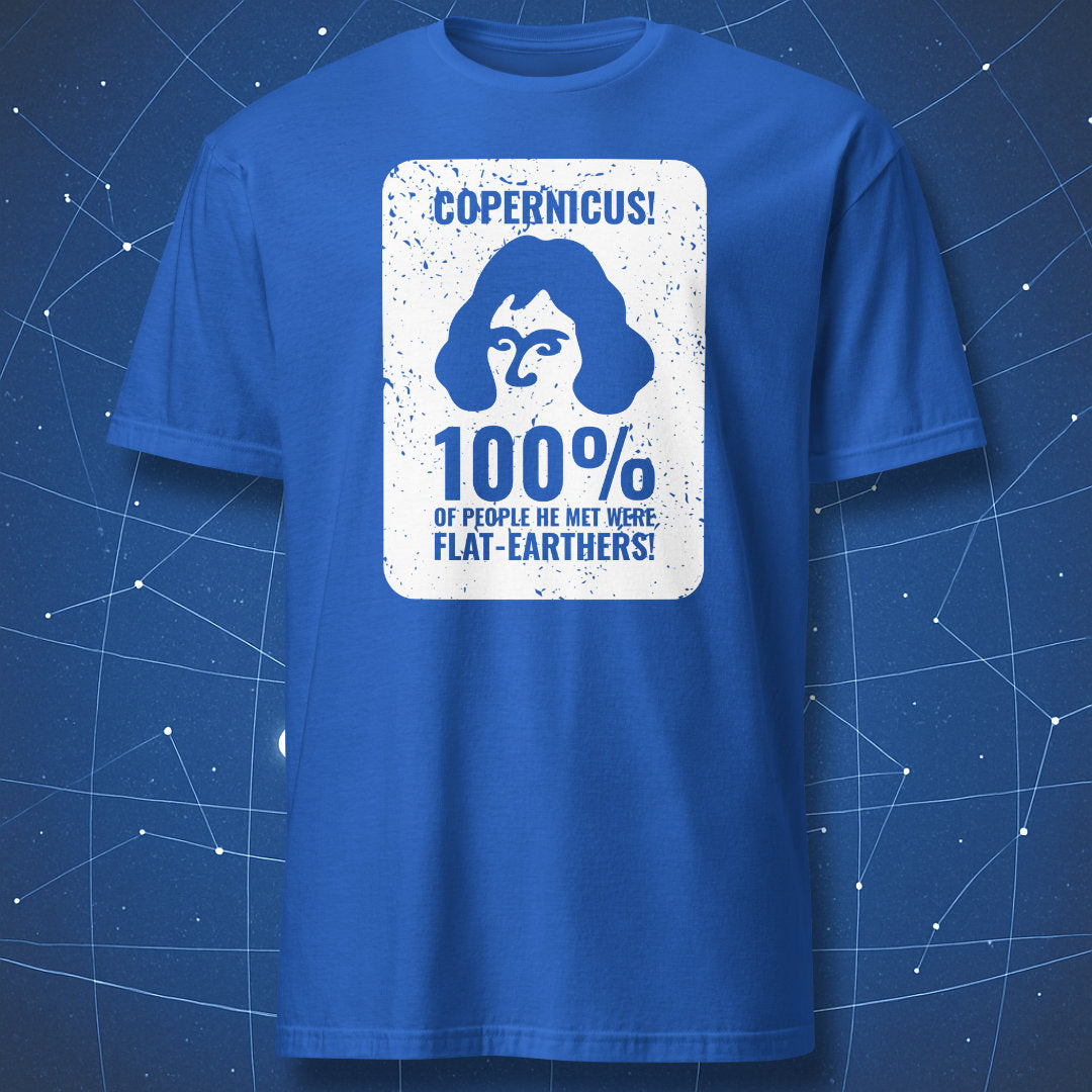 Geeky Copernicus design — distressed print style on white T-shirt.