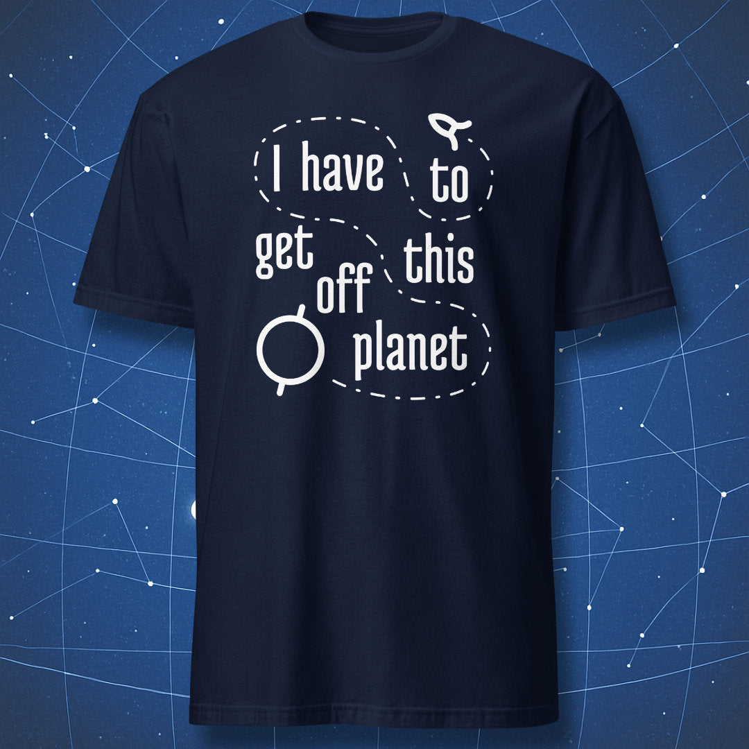 Space-themed nerd shirt — humorous typography layout on black background.
