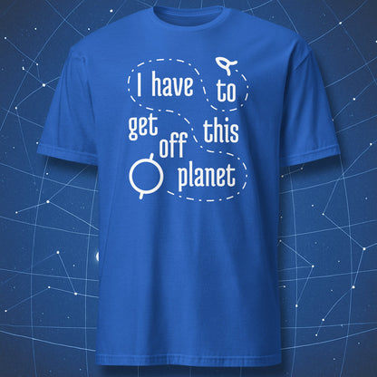 Geeky astronomy tee — cosmic escape path illustration with planet and rocket.