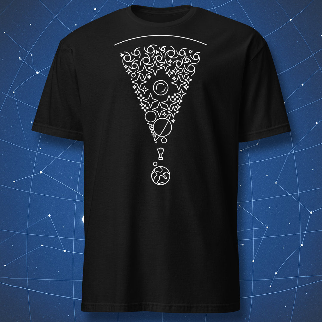 James Webb Space Telescope T-shirt – minimalist cosmic cone of stars and galaxies focusing on Earth.