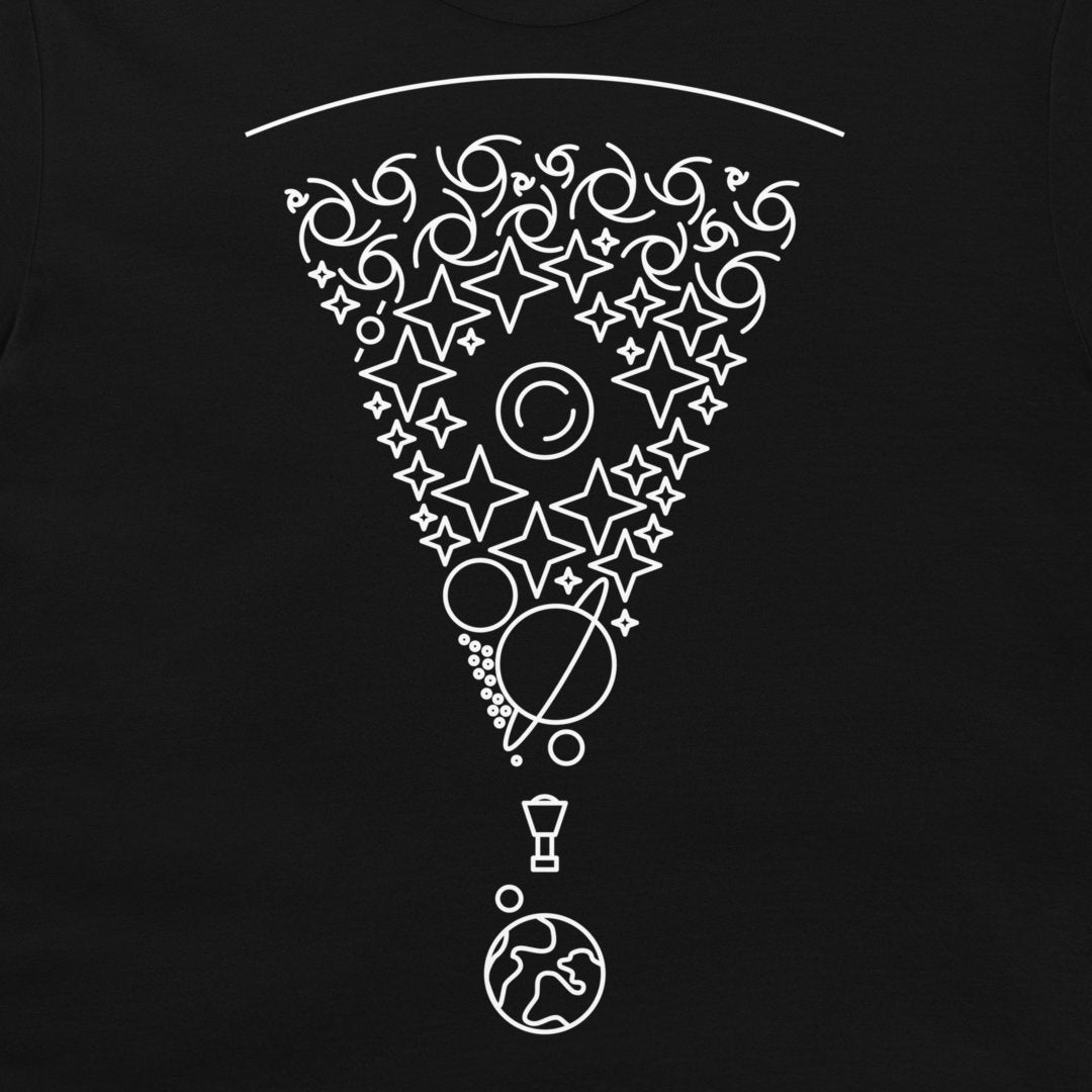 A black t-shirt featuring a white graphic print of a pizza slice filled with celestial illustrations like stars, moons, and planets, with a small exclamation mark and globe below.