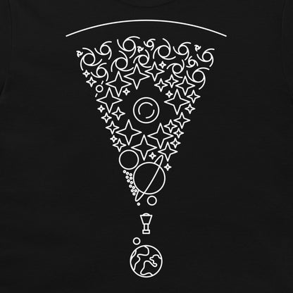 A black t-shirt featuring a white graphic print of a pizza slice filled with celestial illustrations like stars, moons, and planets, with a small exclamation mark and globe below.