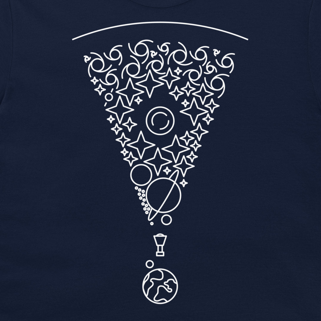 A close-up of a navy blue garment, likely a t-shirt, featuring a white graphic print of a pizza slice filled with celestial motifs like stars, planets, and moons.