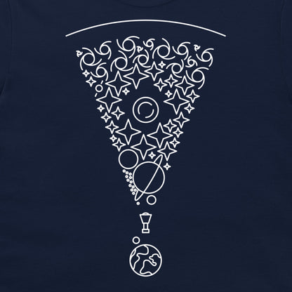 A close-up of a navy blue garment, likely a t-shirt, featuring a white graphic print of a pizza slice filled with celestial motifs like stars, planets, and moons.