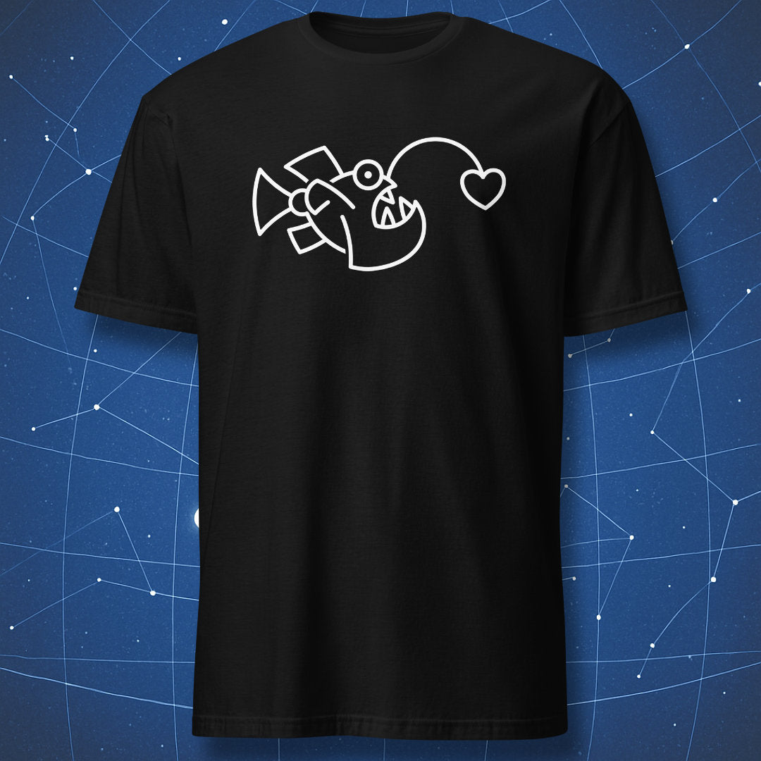 Minimal anglerfish T-shirt with glowing heart lure, white line art design on black shirt.