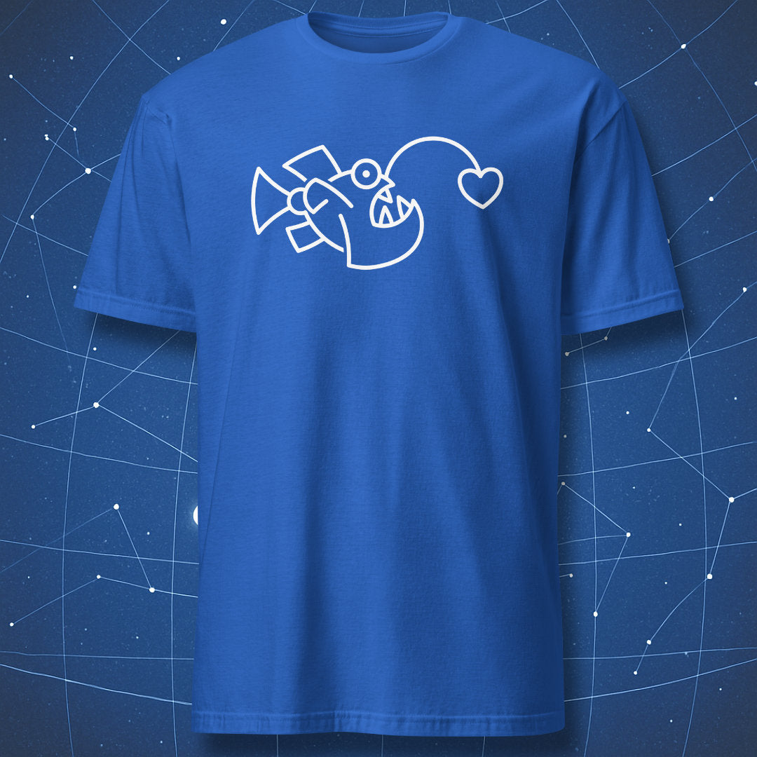 Minimal anglerfish design T-shirt – glowing heart lure illustration, white print on royal blue shirt.