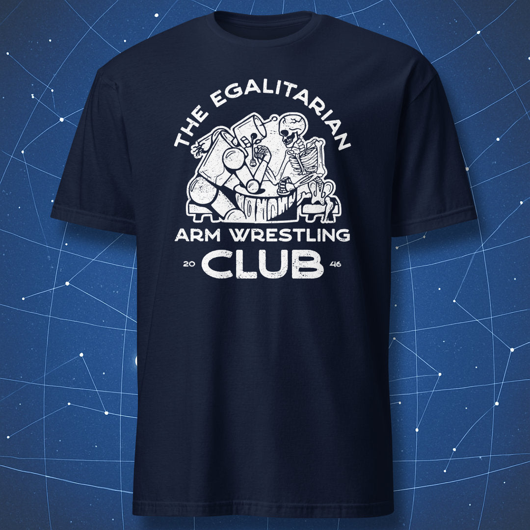 sci-fi humor shirt on navy fabric featuring skeleton and robot arm wrestling with vintage print