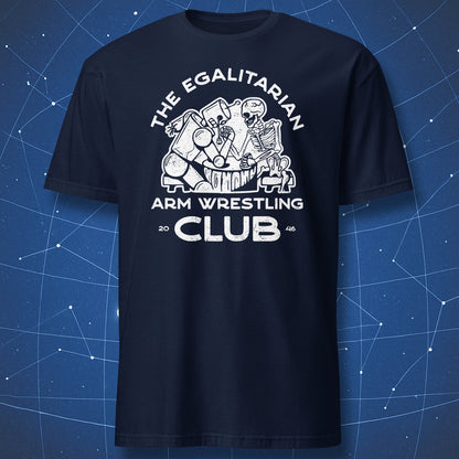 sci-fi humor shirt on navy fabric featuring skeleton and robot arm wrestling with vintage print