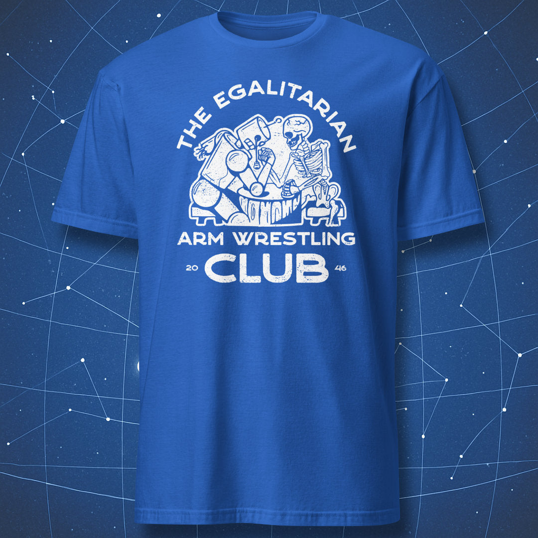 geeky equality T-shirt on royal blue background showing skeleton and robot arm wrestling