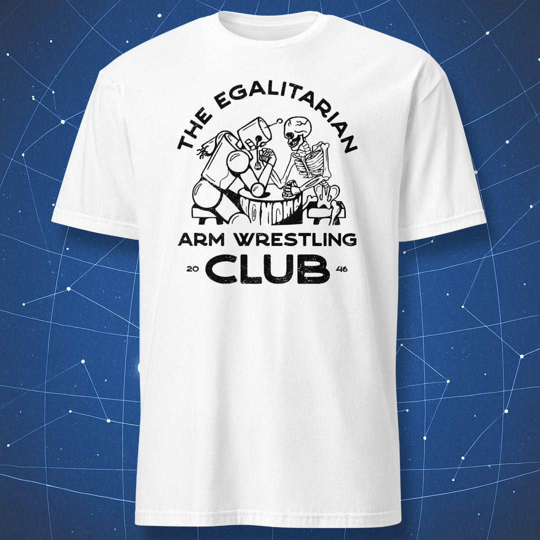 funny illustration T-shirt on white fabric with robot and skeleton design and text “Egalitarian Arm Wrestling Club”