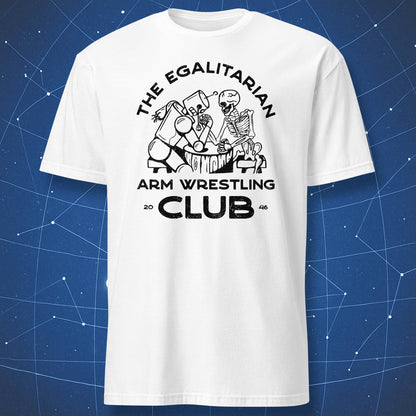 funny illustration T-shirt on white fabric with robot and skeleton design and text “Egalitarian Arm Wrestling Club”
