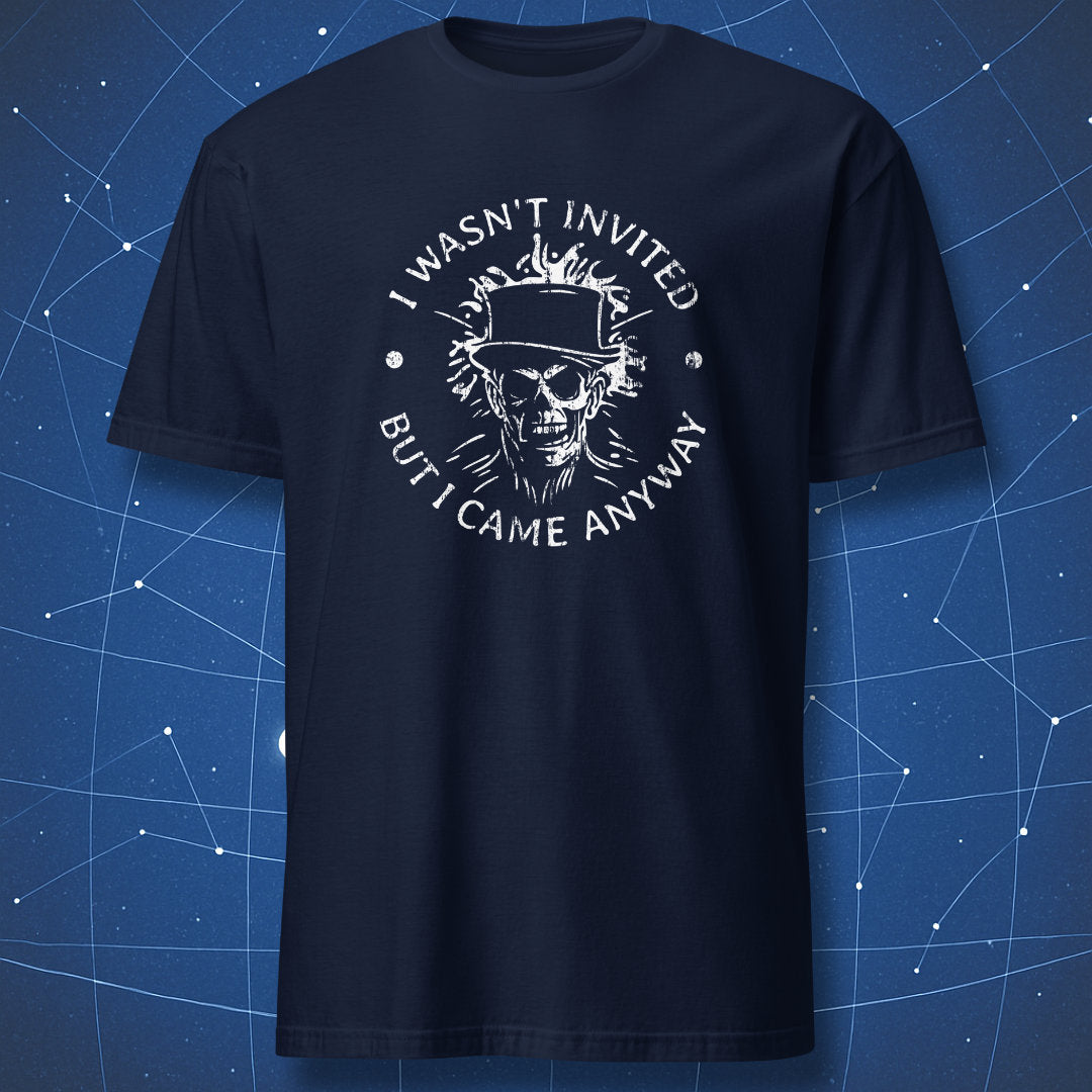 dark humor Halloween shirt on navy blue fabric featuring skull in top hat and sarcastic phrase