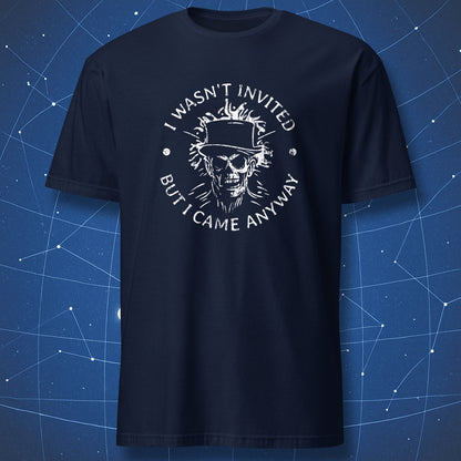 dark humor Halloween shirt on navy blue fabric featuring skull in top hat and sarcastic phrase
