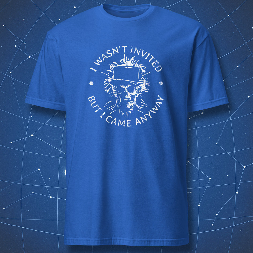 funny gothic T-shirt on royal blue background with horror skull art and white distressed lettering