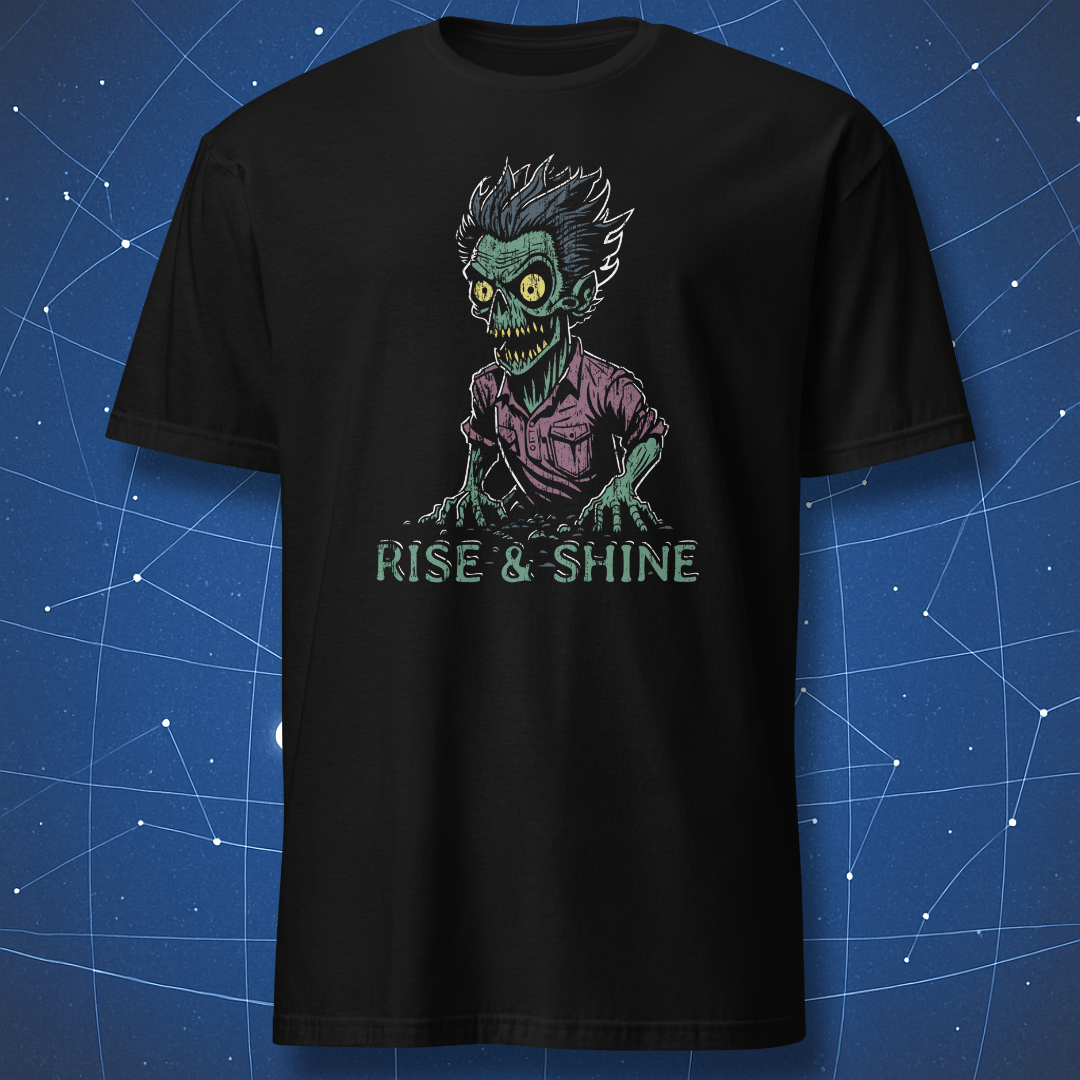 Black T-shirt with a green zombie crawling from the ground and text “Rise & Shine” — funny Halloween and horror fan shirt.
