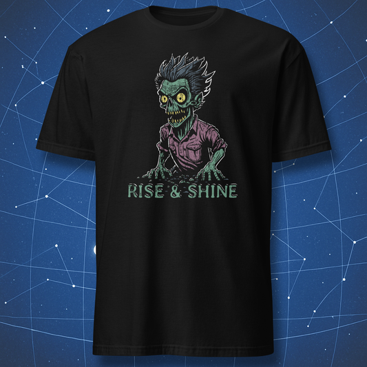 Black T-shirt with a green zombie crawling from the ground and text “Rise & Shine” — funny Halloween and horror fan shirt.
